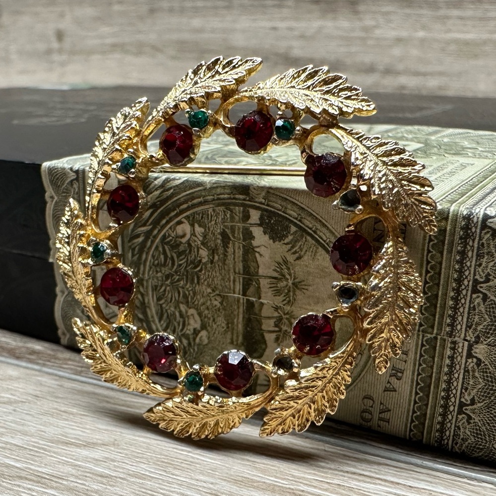 Vintage Festive Gold, Green and Red Leaf Wreath Brooch